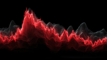 An abstract depiction of a red audio waveform set against a stark black background. This vibrant visualization represents sound frequency and energy, ideal for music-related projects.の素材
