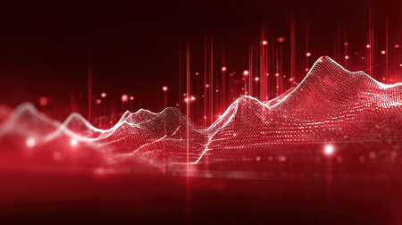 Stunning abstract red data visualization featuring wave patterns and glowing dots, ideal for technology backgrounds, graphic designs, and creative projects.の素材