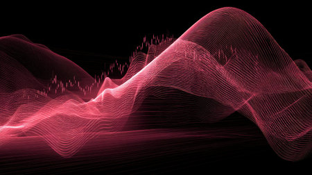 Vivid abstract waves in red hues create a dynamic representation of data flow and technology, perfect for modern design projects and digital experiences.の素材