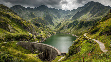 A breathtaking view features a dam set against towering mountains, creating a peaceful lake. Lush greenery and dramatic skies enhance this scenic landscape.の素材