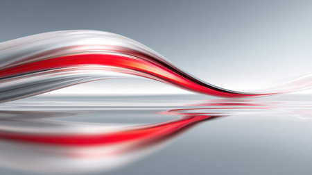 This image features abstract flowing waves with striking red accents that create a sense of dynamic motion against a minimalist background.の素材