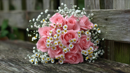 A stunning bouquet featuring soft pink roses complemented by delicate white flowers, artfully arranged on a rustic wooden surface, evoking a sense of romance and beauty.の素材