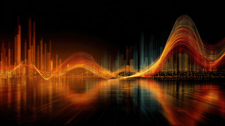 Captivating abstract design showcasing colorful waveforms and graphs reflecting on a dark water surface with a vibrant city background at night.の素材