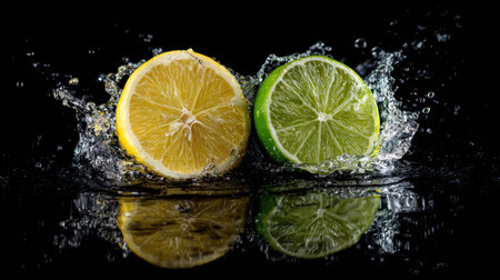 This captivating image showcases fresh lemon and lime slices splashing into water, creating dynamic droplets and reflections on a black backdrop.の素材