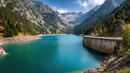 A breathtaking view of a turquoise lake surrounded by towering mountains and a dam, capturing the tranquil beauty of nature under a clear blue sky.の素材