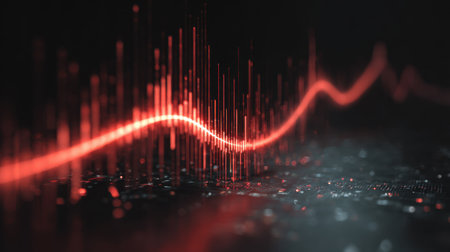 This captivating abstract image features a red waveform on a dark background, symbolizing sound waves and digital frequencies in a modern design.の素材