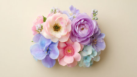 A stunning composition featuring an array of soft-colored flowers against a smooth beige background, perfect for various artistic and commercial projects.の素材