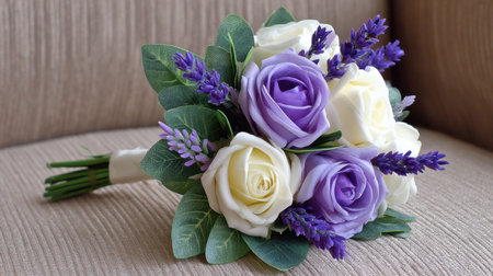 A stunning floral bouquet featuring delicate lavender, pure white roses, and vibrant purple roses. Perfect for weddings or special occasions, this arrangement brings elegance and beauty to any setting.の素材