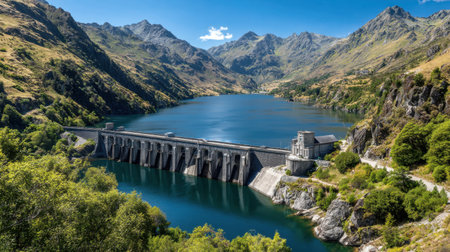 Explore the breathtaking view of a modern dam nestled between majestic mountains, creating a serene reservoir that reflects the clear blue sky.の素材