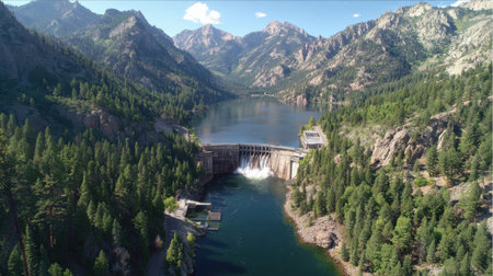 Stunning aerial view features a dam amidst picturesque mountains and vibrant forests, showcasing the beauty of nature and outdoor adventure.の素材