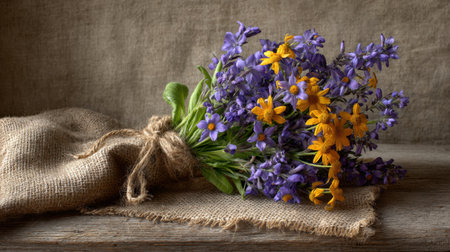 A vibrant bouquet of wildflowers showcasing purple and yellow blooms lies on rustic wood with natural fabrics. Perfect for nature-themed decor or spring inspiration.の素材