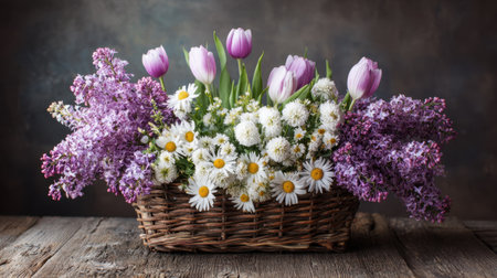 A stunning floral arrangement featuring lilacs, daisies, and tulips in a rustic wooden basket, perfect for seasonal decor, celebrations, or home accents.の素材