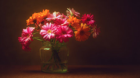 A stunning still life composition featuring a vibrant assortment of daisies in a glass jar, illuminated by soft warm lighting, creating an inviting atmosphere.の素材