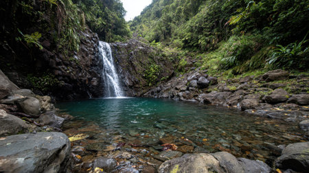 Discover a stunning waterfall cascading into a crystal-clear pool, surrounded by lush greenery in a serene tropical rainforest setting.の素材