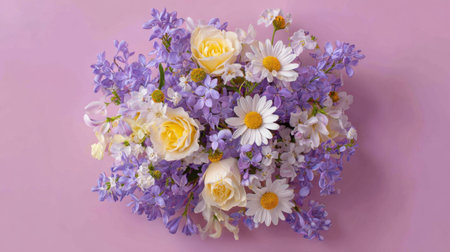A stunning floral arrangement featuring yellow roses, white daisies, and purple blooms, creating a picturesque and vibrant centerpiece on a soft pink background.の素材
