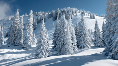 A stunning winter scene highlighting snowy pine trees blanketed in fresh snow. The landscape features gentle hills under a bright blue sky, evoking tranquility.の素材