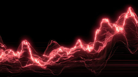 This image showcases an abstract red graphical waveform with light trails against a dark background, symbolizing dynamic data and motion in a digital context.の素材