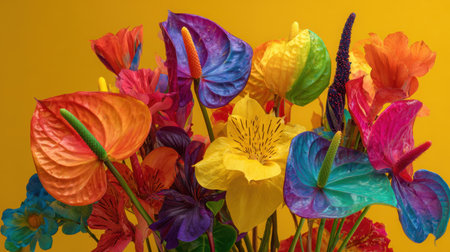 A stunning arrangement of vibrant tropical flowers set against a bright yellow background, perfect for enhancing projects with a cheerful and joyful aesthetic.の素材
