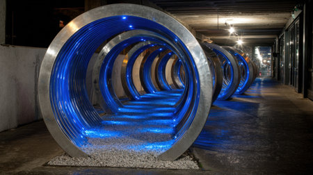 An eye-catching modern architectural installation with illuminated circular elements creates an enchanting visual experience in an urban setting at night.の素材