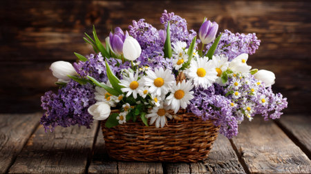 A stunning flower arrangement featuring lilacs, daisies, and tulips in a rustic basket, perfect for spring decor or as a beautiful gift option.の素材