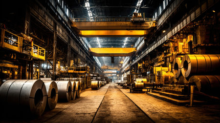 This image showcases an expansive industrial warehouse with machinery and lighting, highlighting the complexity of steel production in a vibrant setting.の素材