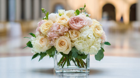 This stunning bouquet features an arrangement of pastel roses and hydrangeas in a glass vase, perfect for enhancing ambiance in any event setting.の素材
