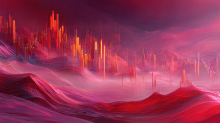 Captivating abstract digital landscape featuring striking red tones and vibrant structures. Ideal for themes of modern art, technology, and creativity.の素材