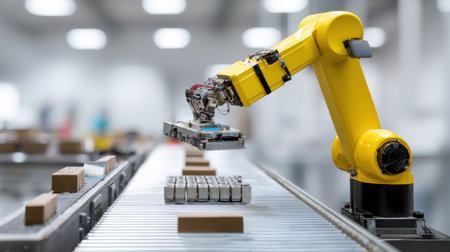 A close-up of a yellow robotic arm actively working on an assembly line in a modern factory setup, showcasing the integration of technology and automation in manufacturing processes.の素材