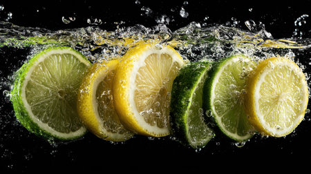 A captivating arrangement of lemon and lime slices submerged in sparkling water, creating a refreshing visual with dynamic bubbles and splashes.の素材