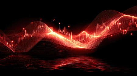 This captivating abstract image features dynamic red light waves representing stock market trends and financial data, symbolizing movement and analysis.の素材