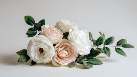 This beautiful floral arrangement features soft pastel roses accompanied by lush greenery, ideal for enhancing spring decor or wedding aesthetics.の素材