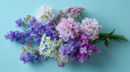 This beautiful arrangement features a variety of colorful flowers against a soft blue background, perfect for spring decor and artistic inspiration.の素材
