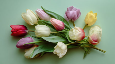 A stunning display of tulips in various colors gently arranged on a soft green background, perfect for springtime themes, floral designs, and vibrant art.の素材