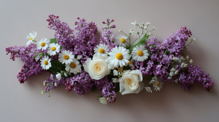 An elegant floral arrangement featuring vibrant purple lilacs, white daisies, and cream roses, creating a serene and charming decorative piece for any setting.の素材