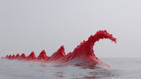 A striking image of a red wave crashing gently in a serene ocean setting, with a soft gray sky above. This artwork embodies a unique blend of color and motion, creating a surreal atmosphere.の素材