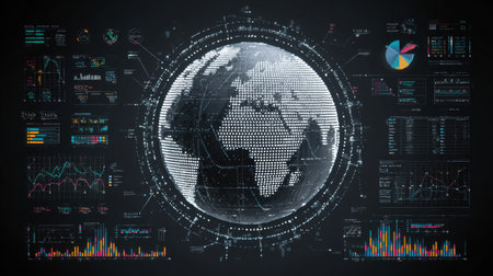 A striking digital representation showcasing the continent of Africa with intricate data visualizations, charts, and geometric patterns, ideal for tech-focused projects.の素材