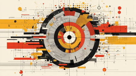 This visually striking abstract graphic features intricate geometric design elements with circular patterns and a dynamic color palette.の素材