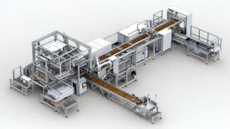 This image showcases an advanced automated manufacturing system featuring precision conveyor setups and modular components designed to enhance production efficiencies in industrial settings.の素材