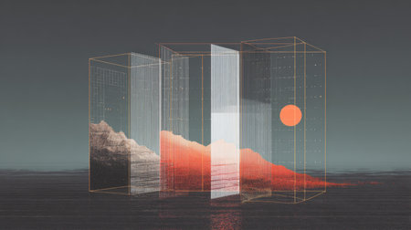 This captivating abstract image portrays a geometric landscape featuring mountains and a sun, blending artistic design with serene reflections in a tranquil atmosphere.の素材