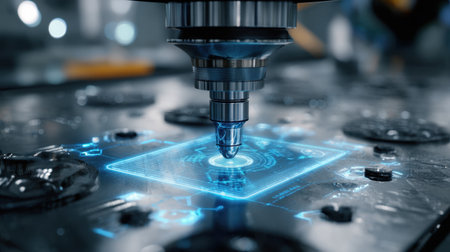 A close-up view of a CNC machine tool engraving a digital circuit board illuminated by blue light, showcasing advanced technology in the manufacturing industry.の素材