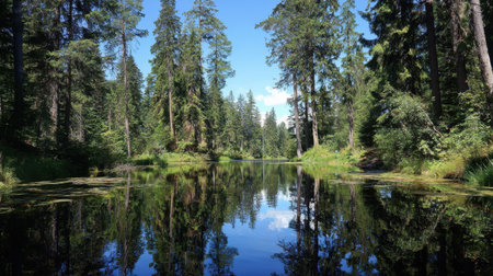 This captivating image features a tranquil forest with tall trees reflected in calm waters, showcasing the beauty of nature and serenity in an outdoor setting.の素材