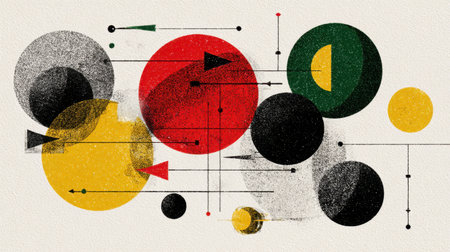 This artwork features a vibrant and modern abstract composition of circles and arrows, showcasing bold colors and intriguing textures on a light background.の素材