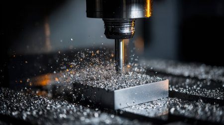Close-up view of a CNC machine tool in action, producing metal shavings while shaping a piece of metal in an industrial setting.の素材