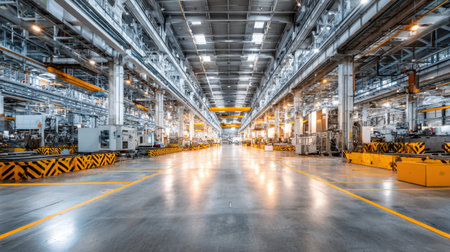 This image showcases a vast, modern industrial warehouse with bright lighting illuminating organized equipment, emphasizing spaciousness and efficiency in manufacturing processes.の素材