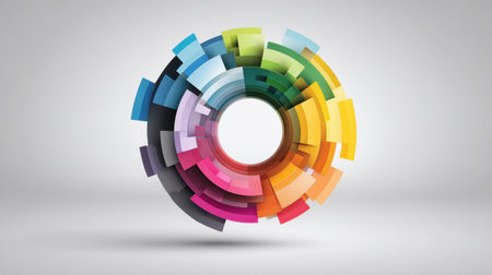 This vibrant abstract design features geometric shapes arranged in a circular pattern, creating a modern and eye-catching visual. Ideal for creative projects.の素材