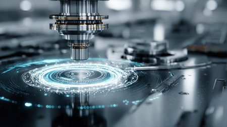 This image depicts advanced technology with a CNC machine engaging in precise processing, featuring digital elements and a sleek, futuristic design.の素材