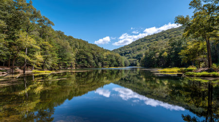 A breathtaking view of a calm lake nestled between vibrant green forests and rolling hills, with clear blue skies and fluffy clouds reflecting on the water.の素材
