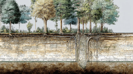 Detailed cross-section illustration of a forest ecosystem showcasing various trees, their extensive roots, and the layered soil beneath, emphasizing growth and connection.の素材