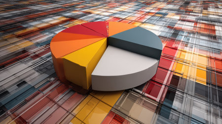 A colorful pie chart sits prominently on a checkered background, symbolizing data visualization and statistical analysis. The vibrant colors and modern aesthetic create an engaging representation, ideal for business presentations, infographics, and creative projects.の素材