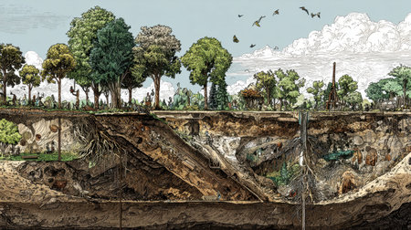 An intricate cross-section of a forest ecosystem reveals the unseen world beneath the soil. It showcases diverse roots, animals, and rich biodiversity, illustrating the interconnectedness of nature.の素材
